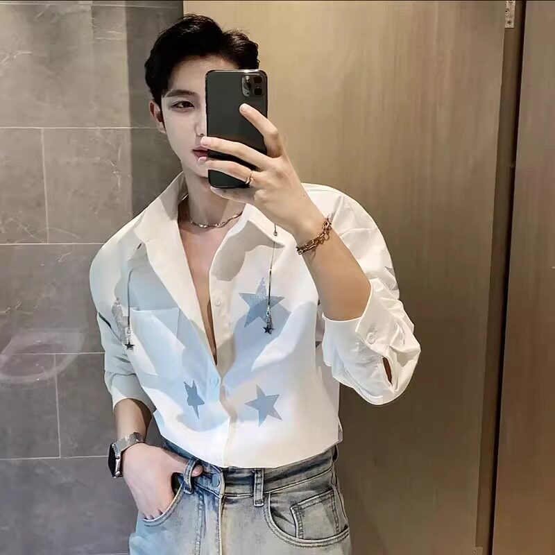 LL男装衬衫男长袖休闲2026新款个性潮流印花设计感小众满天星衬衣