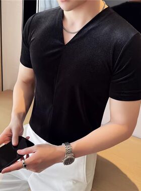 V领短袖t恤男轻薄弹力痞帅打底衫