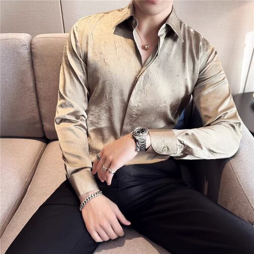 提花长袖衬衫扣领潮男褶皱衬衣