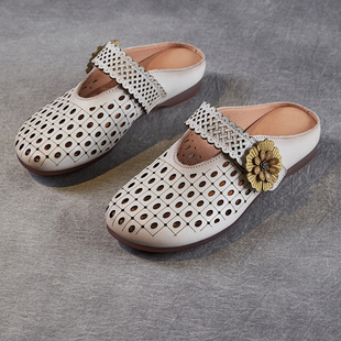 头层牛皮女凉鞋真皮软底夏季新款包头半拖鞋外穿镂空复古妈妈拖鞋