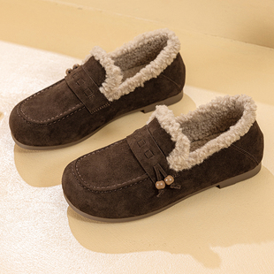 真皮大码女鞋41-43加绒保暖小皮鞋秋冬新款平底圆头一脚蹬豆豆鞋