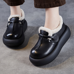 真皮大头勃肯鞋女加绒厚底增高松糕鞋黑色头层牛皮保暖女鞋棉鞋子