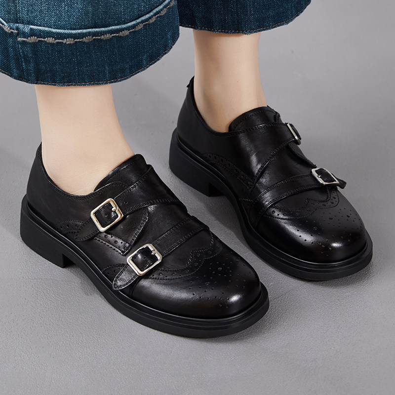 头层牛皮英伦风复古雕花布洛克乐福鞋春秋双扣带黑色百搭休闲单鞋,女鞋,深口单鞋,淘宝优惠券,粉丝福利购,淘宝优惠卷