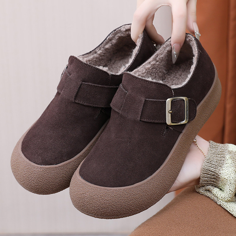 真皮大码女棉鞋41-43加绒勃肯鞋冬磨砂皮软底平底一脚蹬保暖棉鞋