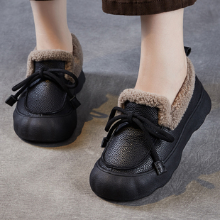 头层牛皮毛毛乐福鞋女冬季加绒保暖真皮一脚蹬平底豆豆鞋大码女鞋