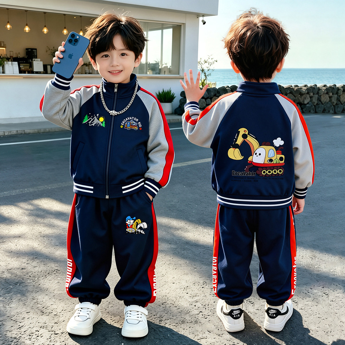 儿童运动套装加绒男童秋季2026新款卡通挖掘机两件套小男孩衣服潮