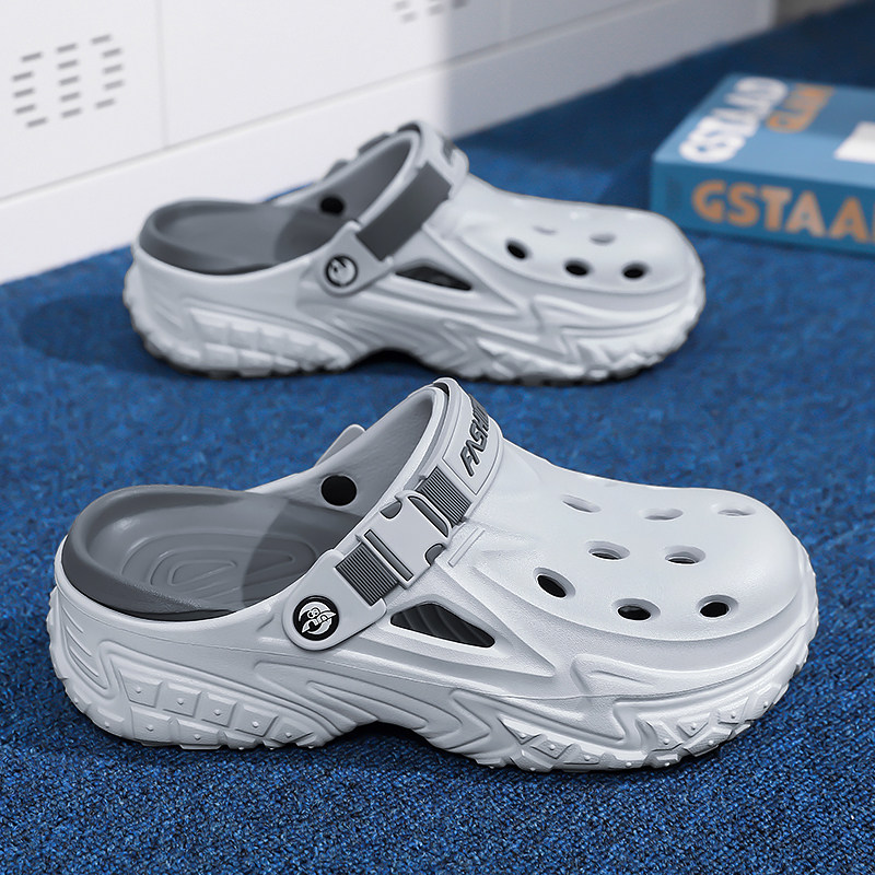 包头半拖鞋男夏季外穿懒人一脚蹬青少年运动增高沙滩开车洞洞凉鞋,流行男鞋,包头拖,淘宝优惠券,粉丝福利购,淘宝优惠卷