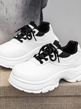 德比男鞋冬季商务休闲年轻人英伦白色高级感软底增高工装大头皮鞋