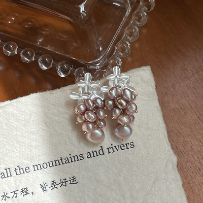「紫珍珠瀑布」天然巴洛克淡水珍珠耳环哑银桂花耳钉无耳洞 耳夹