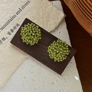 「翠星」草绿色日本米珠串珠耳钉个性小众小清新绿耳饰无耳洞耳夹