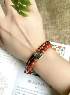 「宫墙竹影」6mm天然南红火焰红手串925银镀金镶蓝水豆新中式手链