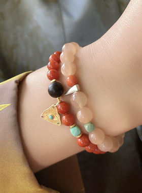 「柔暖」8mm日光石橙粉色金沙太阳石手串甜美春日浪漫新中式手链