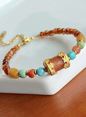 「锦屏韶光」原创天然石手链松石琥珀蜜蜡撞色手串东方配色手饰品