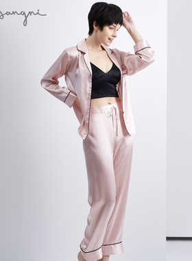 ins春秋新款100%桑蚕丝绸家居服女士简约休闲真丝睡衣女两件套装