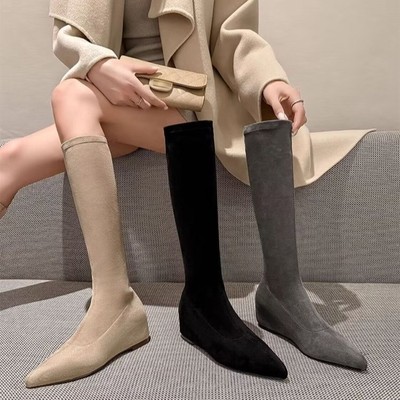 内增高长筒靴女绒面靴子2025年秋冬新款尖头长靴弹力瘦瘦靴高筒靴