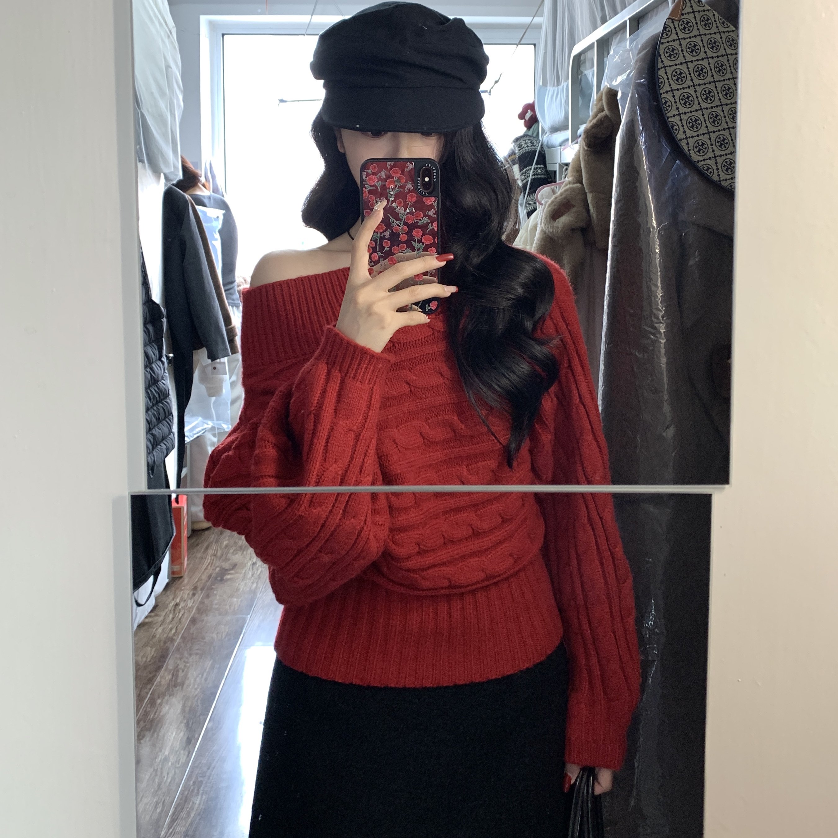 斜肩氛围套头毛衣套装