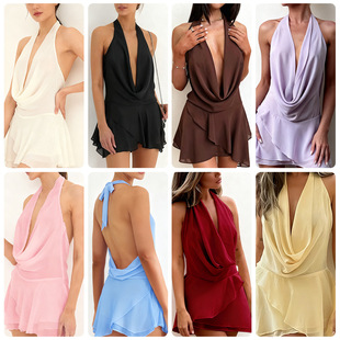 Sleeveless dress 纯欲辣妹雪纺挂脖深V低领连衣裙新纯色无袖短裙
