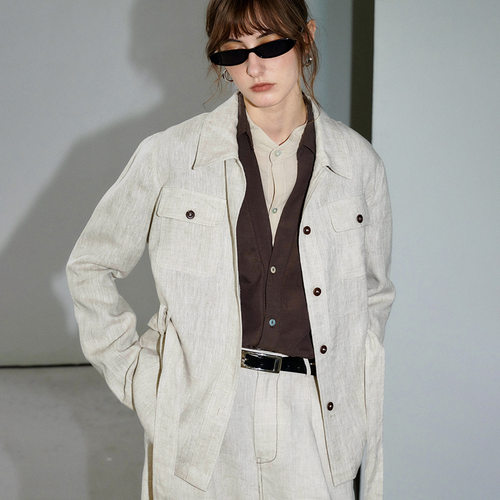 老钱纯亚麻工装外套翻领收腰厚款衬衫 linen workwear jacket