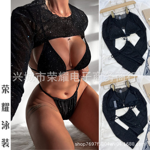 欧美长袖罩衫三件套泳衣Cover‑up shirt three‑piece swimsuit