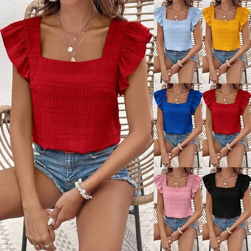 Spring/Summer New Square Collar Ruffle Edge Shirt Top 女短袖