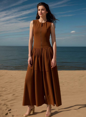 欧美无袖圆领前拉链设计高腰大摆层叠连衣裙女Front zipper