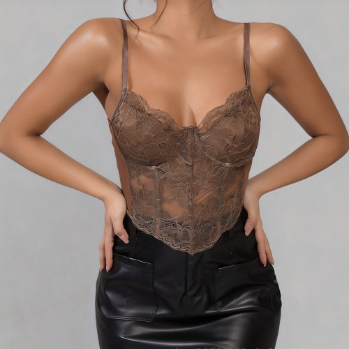 women's small vest性感蕾丝钢圈菱形鱼骨露脐辣妹装修身背心