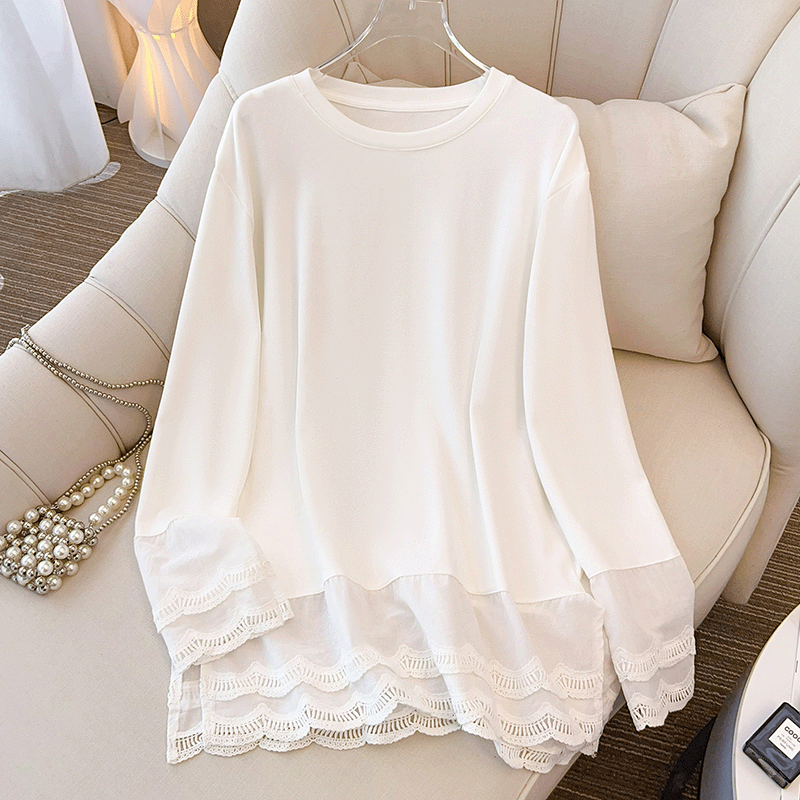 韩版胖mm大码女装2026春秋新款后包领长袖T恤上衣洋气蕾丝打底衫