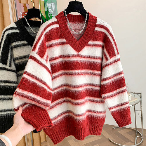 冬新款条纹V领针织衫宽松毛衣
