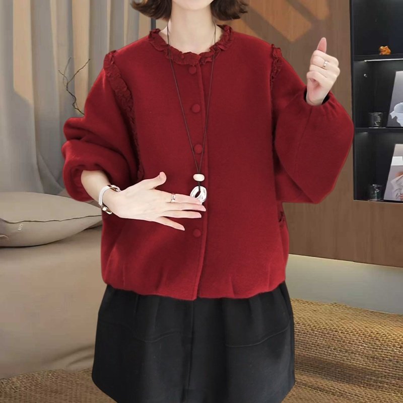 韩版女装欧货大码2025秋冬圆领外套宽松时尚上衣木耳边领休闲衬衣