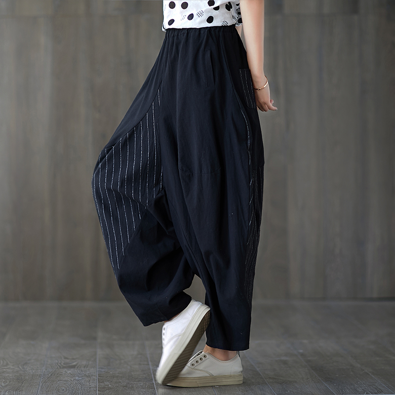 春秋女装亚麻休闲裤不对称条纹大码高腰阔腿哈伦裤低档棉麻灯笼裤