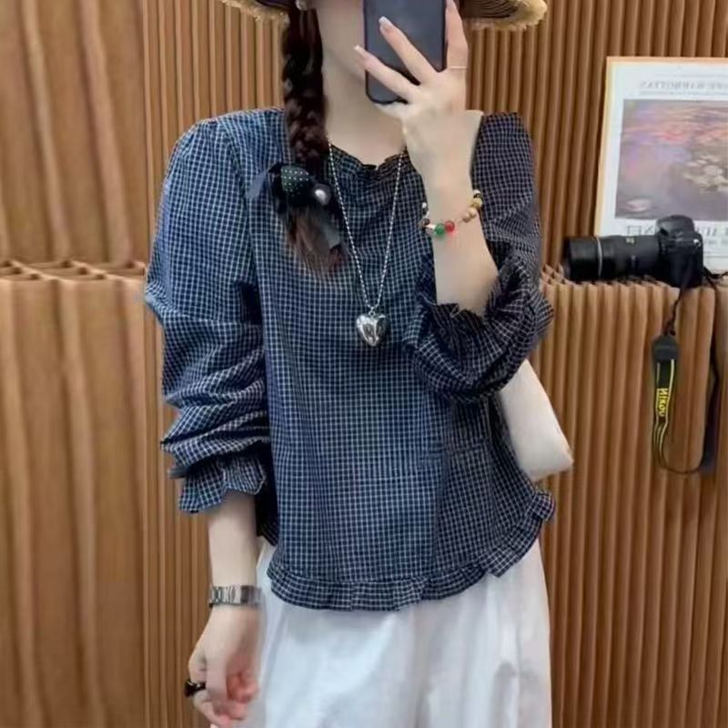 扣宽松百搭上衣长袖格子衬衣