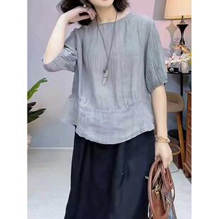 圆领短袖 女胖mm大码 文艺棉麻打底衫 显瘦时尚 T恤 上衣2026春夏新款
