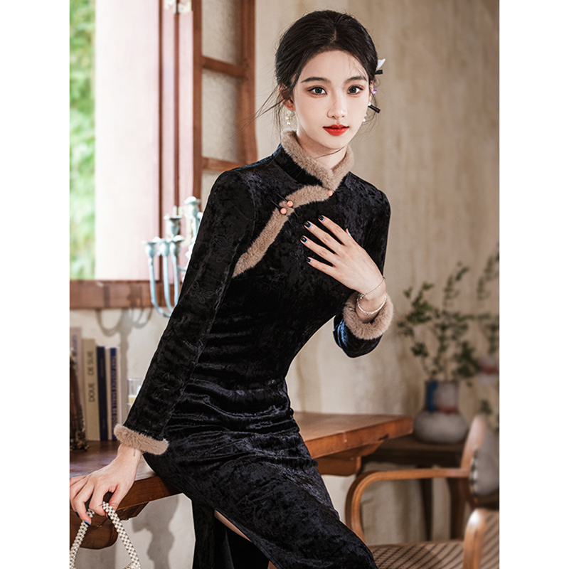 款保暖旗袍裙高端加绒连衣裙