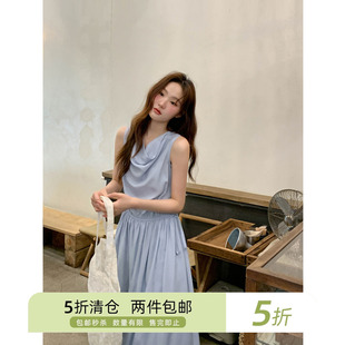 你好卡农 法式荡领背心连衣裙女夏季新款气质优雅蓝色收腰a字长裙