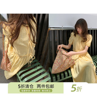 你好卡农 小众分割缩褶泡泡袖连衣裙女夏季法式优雅温柔风长裙子