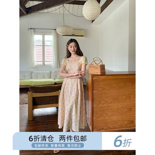 你好卡农 蕾丝花苞短袖印花连衣裙女夏季2024新款收腰显瘦a字长裙