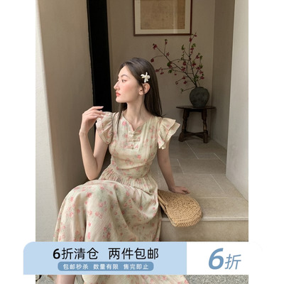 新中式连衣裙小飞袖盘扣你好卡农