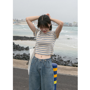 卡农自制2021新款短袖短款修身T恤韩范休闲百搭条纹夏天上衣女