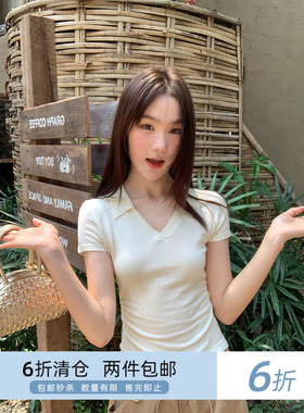 你好卡农 韩版缩褶V翻领短袖t恤女夏季甜美小衫气质显瘦针织上衣