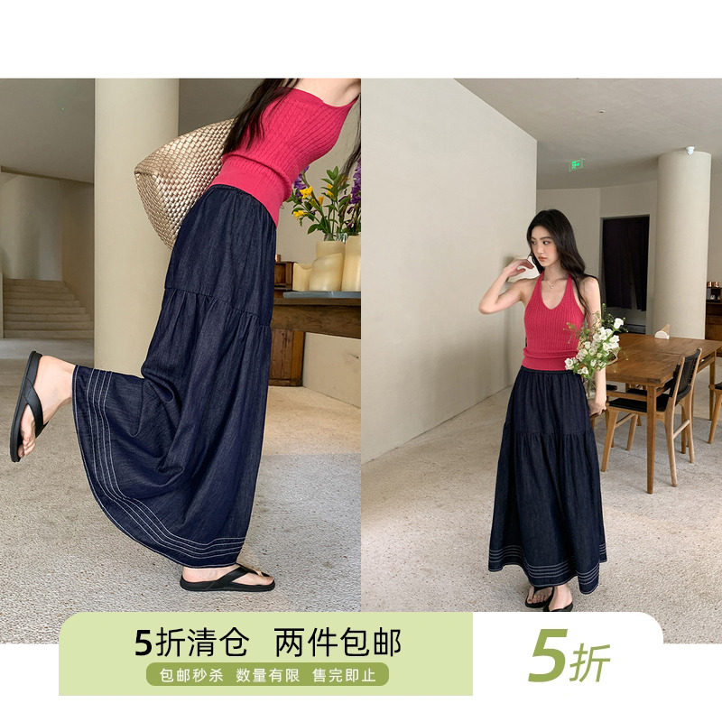 你好卡农 复古松紧腰明线装饰牛仔半裙女夏新款小个子设计感长裙,女装/女士精品,半身裙,淘宝优惠券,粉丝福利购,淘宝优惠卷