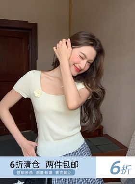 你好卡农女针织短袖法式方领立体