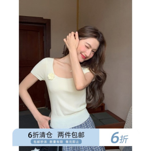 你好卡农 法式方领立体钩花针织短袖t恤女夏2024新款修身气质上衣
