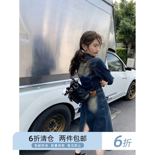 复古连衣裙牛仔翻领你好卡农微喇