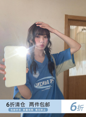 你好卡农 美式复古字母印花运动风T恤女夏季新款气质休闲百搭上衣