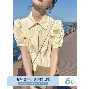 你好卡农 不规则设计感温柔甜美短款衬衫女夏季复古泡泡短袖上衣
