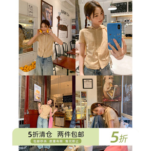 你好卡农 韩系连帽格纹短袖衬衫女夏2025新款格子小衫设计感上衣