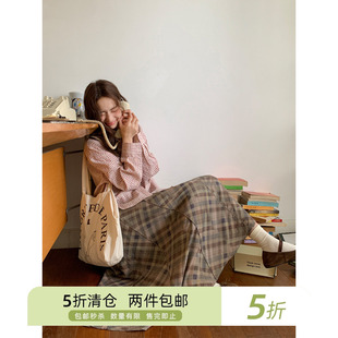 你好卡农 斜裁拼接竖分割格纹半身裙女秋季高腰显瘦设计感a字长裙