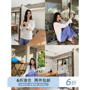 你好卡农 设计小众宽松纯棉上衣 荷叶袖 花边拼接V领t恤女春夏新款