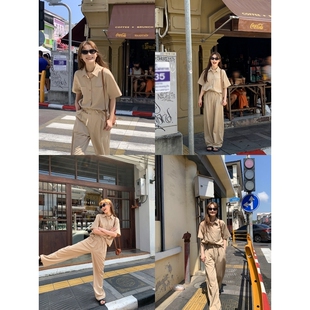 你好卡农 方形贴袋衬衫直筒休闲裤套装女宽松衬衣宽松拖地阔腿裤