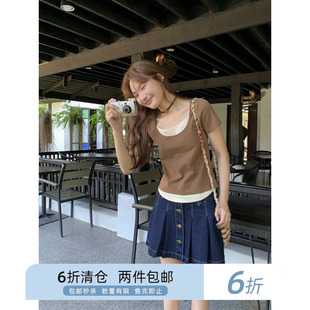 你好卡农 宽腰金属排扣牛仔半身裙女春夏新款高腰小个子a字短裙